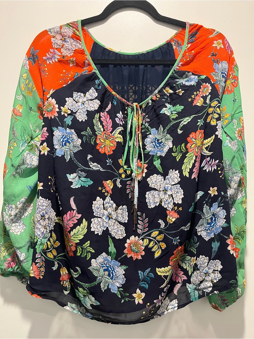 Johnny Was Navy Floral Tie-Neck Blouse with Green & Orange Sleeves